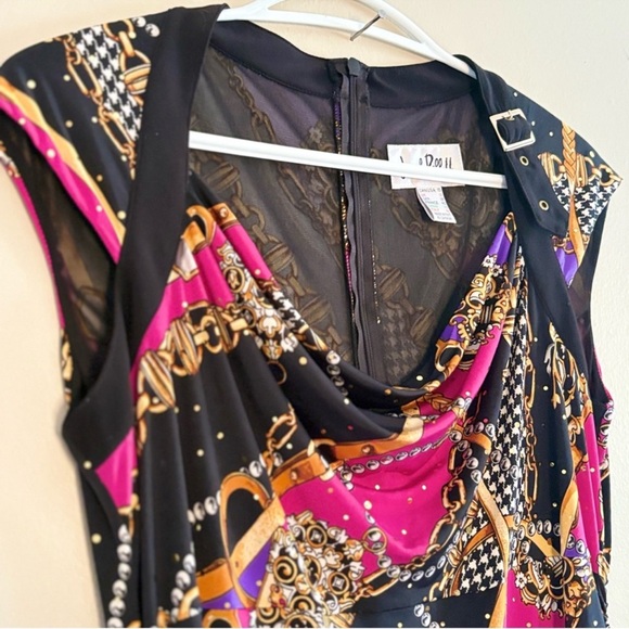Joseph Ribkoff Pink Purple Gold Ruched Bodycon Dress Cap Sleeve & Buckle Detail - Picture 5 of 16